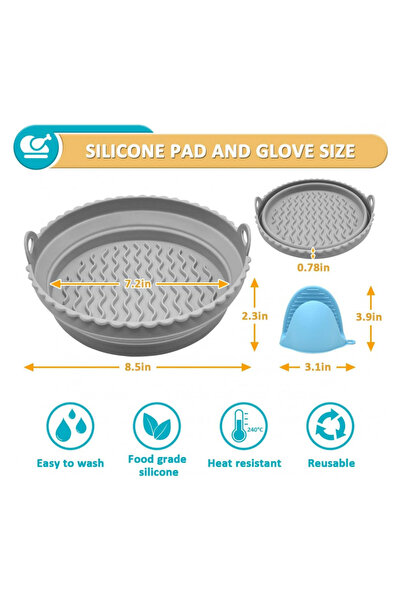 OEM Set 4 piese, 2 cosuri din silicon pentru friteuza si 2 manusi, diametru 21 cm, gri, albastru