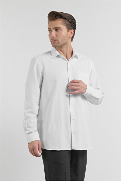 İmza White Hard Collar Long Sleeve Pocketed Comfort Fit Cotton Shirt 1004255285