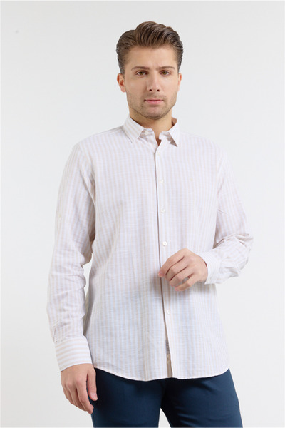 İmza Beige Short Sleeve Pocketless Cotton Casual Comfort Fit Shirt 1004250128