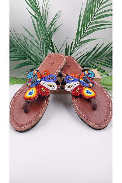Yaseminli Butik Taba Üzerine Tavus kuşu Desenli Massai Terlik