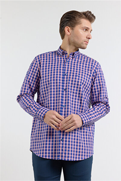 İmza Navy Blue - Red Buttoned Collar Long Sleeve Pocketed Comfort Fit 100% Co...