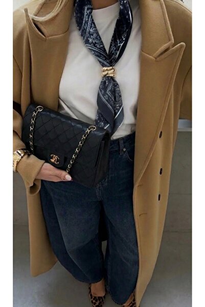 Markiz Takı Black White Gold Buckled Thin Scarf