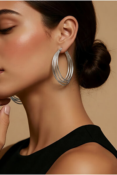 Eva Takı Store Layered Hoop Interlock Hoop Silver Color Earrings 6cm