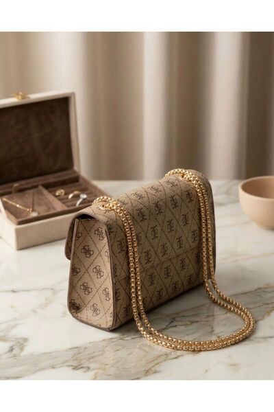 addy Beige Gold Chain Strap Piece Portfolio Shoulder Bag and Clutch Bag E19B13