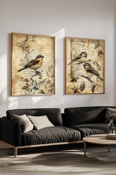 STARYUNA Wooden Framed Vintage Bird and Plant Themed Double Painting Set Yuna650
