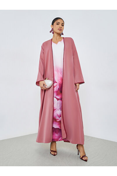 Amirah By Styli Red Front Open Abaya with Lace Trim