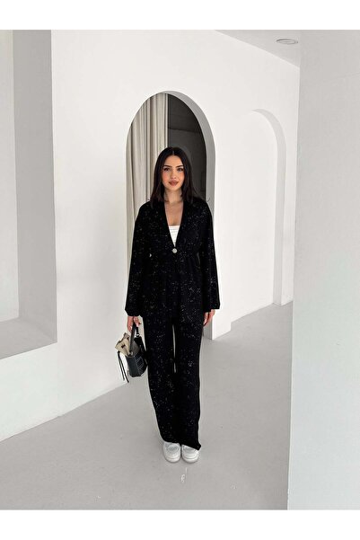 Elaxi Set de două piese pentru femei, cu mâneci lungi argintii și pantaloni k...