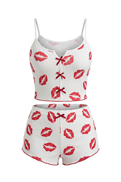 Nightlight Öpücük Desenli, Fiyonk Detaylı, Ribanalı ve Arkası Çapraz İki Parç...