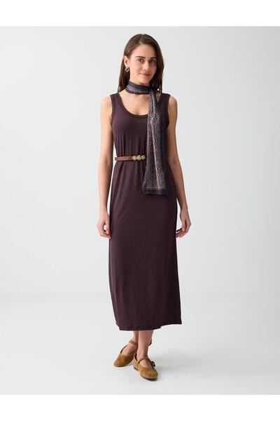 Jimmy Key Πλεκτό μίντι φόρεμα σε καφέ απόχρωση με ίσια γραμμή, τιράντες και λ...