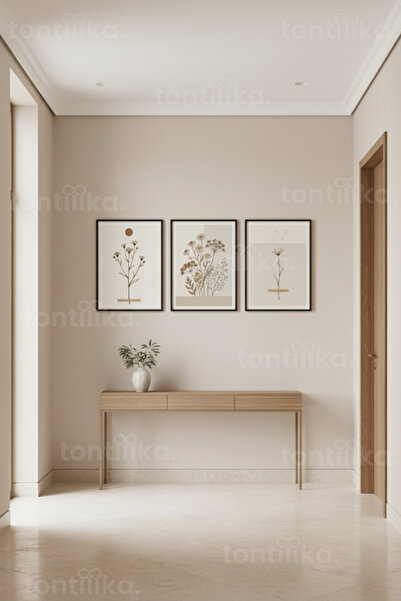Tontilika Minimalist Botanik Çizimler 3’lü Ahşap Çerçeveli Tablo Seti