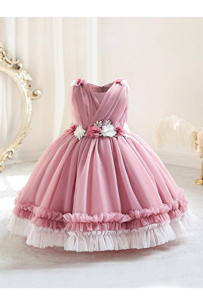 Take Two By Styli Girls Ruffle Hem Floral Detail Bow Party Dress