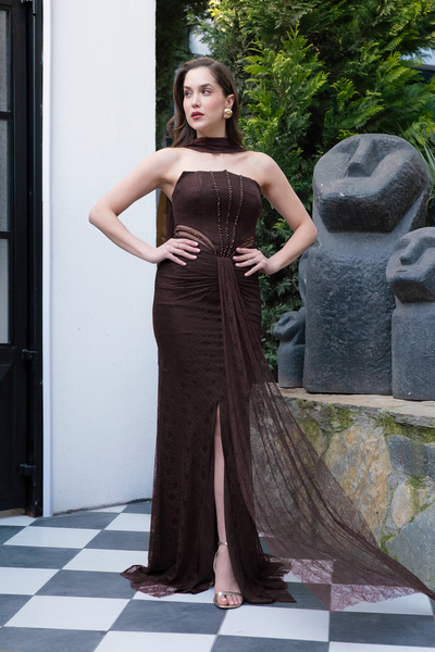 Lafaba Women's Brown Strapless Slit Lace Detail Long Evening Dress