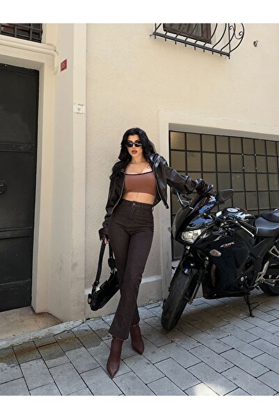 GİYESA High Waist Skinny Brown Trousers – Stylish, Shaping / Sculpting & Casual/Office Combination Compatible