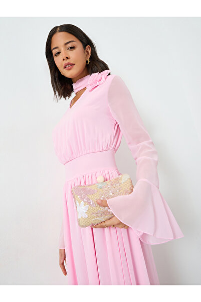 Styli Pink Corsage Detail Midi Dress with Bell Sleeves