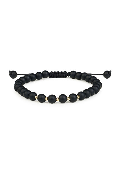 One Gold Bracelet with 5 beads 14K Gold "585" and Matte Onyx, adjustable