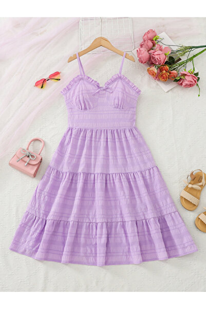 Take Two By Styli Girls Purple Textured Strappy Tiered Dress