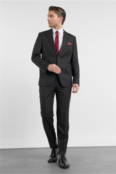 İmza Black Mono Collar Plain Pattern 6 Drop Comfort Fit Stretchy Waist Suit 1...