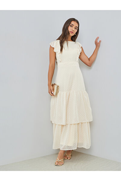 Styli Cream Dobby Tiered Maxi Dress
