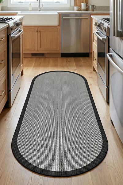 VOPTEKS Oval Siyah Halı Mutfak Halısı Makinede Yıkanabilir Kaymaz Taban Halı