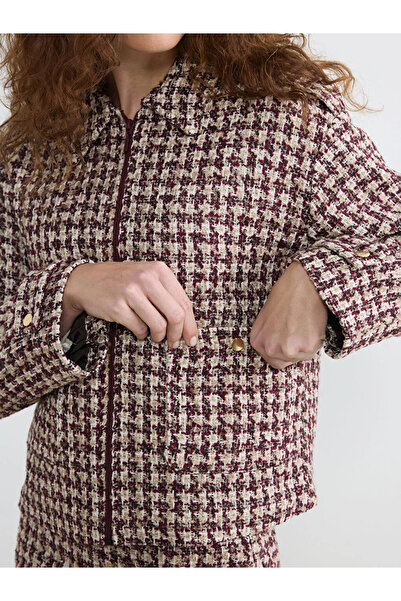 LC Waikiki Red Shirt Collar Plaid Women's Tweed Jacket