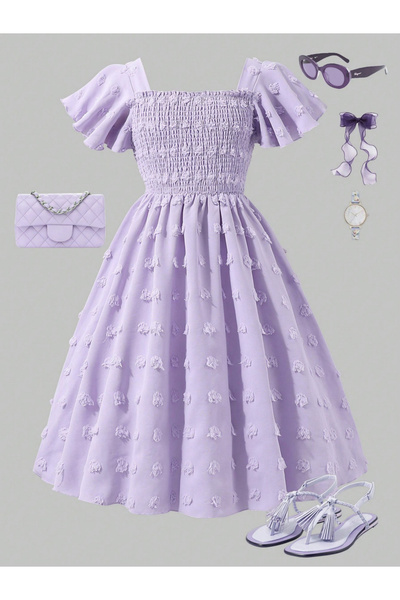 Take Two By Styli Girls Purple Embellished Smocked Detail Midi Dress