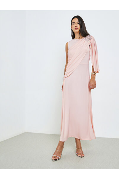 Styli Pink Embellished Draped Midi Dress