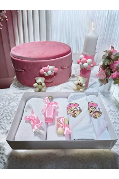 Inovius Baptism and Candle Set, 9 Pieces, with Teddy Bear, Pink, Velvet - TB286