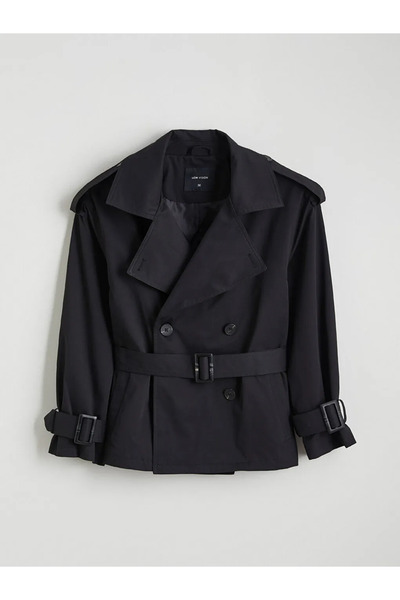 LC Waikiki Black Double-Breasted Collar Women's Trench Coat