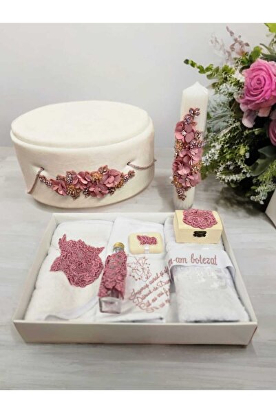 Inovius Baptism and Candle Set, 9 Pieces, with Flowers, White with Nude Pink,...