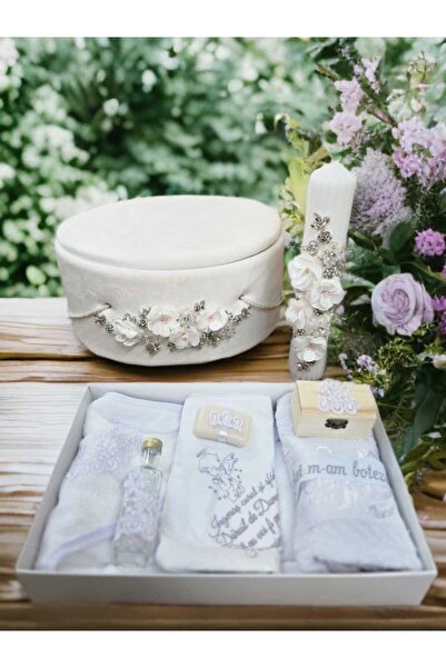 Inovius Baptism and Candle Set, 9 Pieces, with Flowers, White, Velvet - TB292