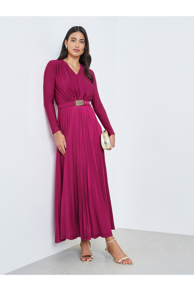 Styli Magenta Satin Pleated A-Line Maxi Dress