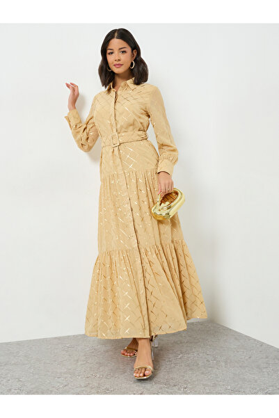 Styli Beige Foil Print Belted Maxi Dress