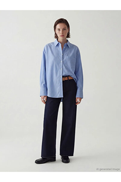 LC Waikiki Blue Striped Oversize Poplin Women's Shirt