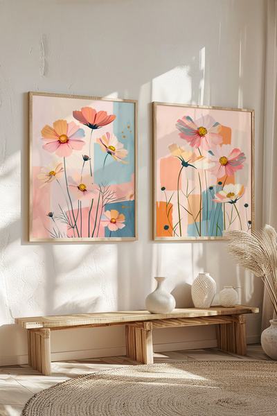 STARYUNA Wooden Framed Pastel Flower Illustrated Double Painting Set Yuna652