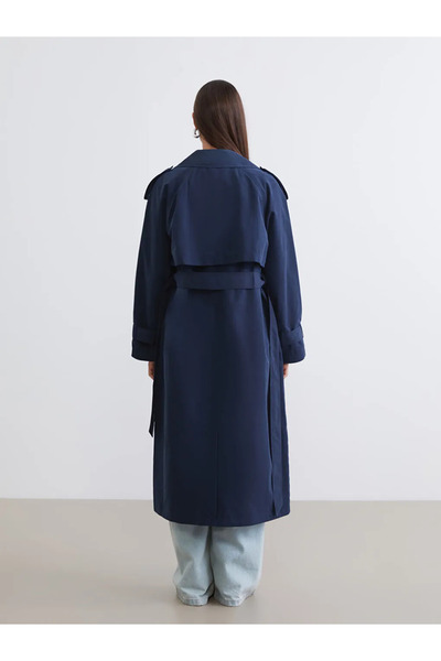 LC Waikiki Navy Blue Double Breasted Collar Women's Trench Coat