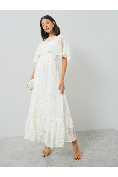 Styli White Lurex Foil Cape Sleeve Maxi Dress