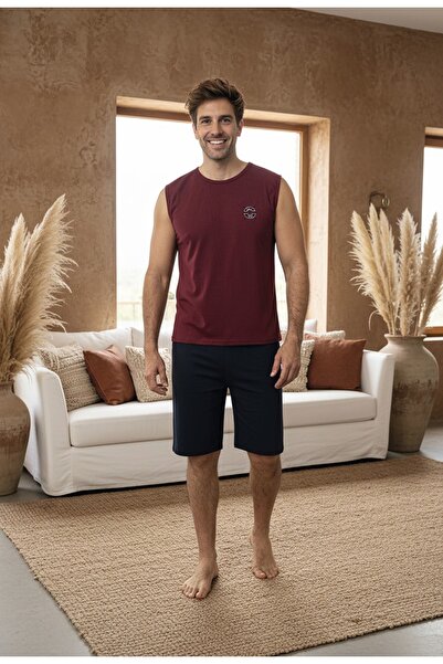 LİLA İÇ GİYİM Embroidered Zero Sleeve Shorts Men's Pajama Set