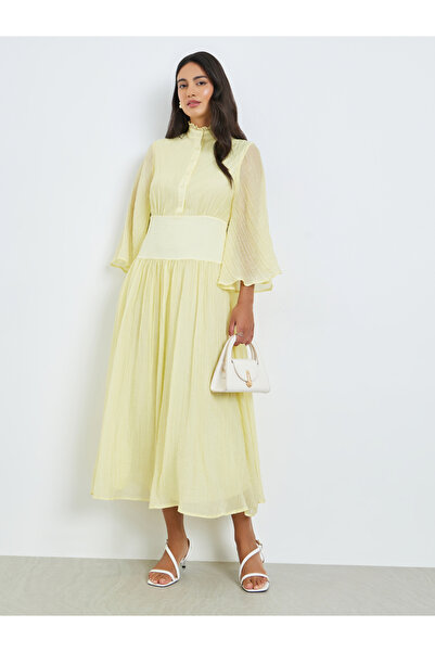 Styli Yellow Crinkle A-Line Maxi Dress