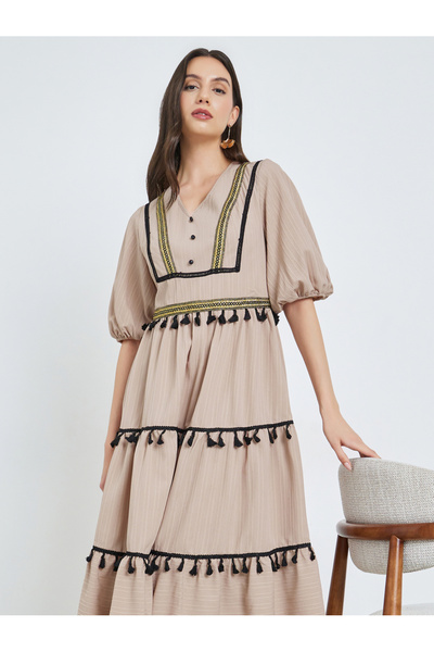 Take Two By Styli Beige Tassel Trim V Neck Midi Dress
