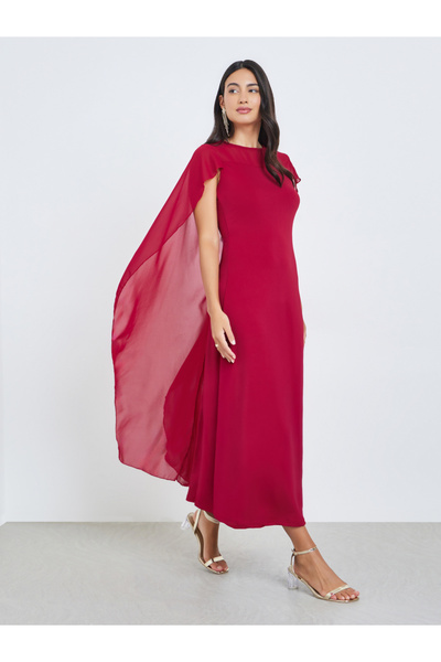 Styli Burgundy Chiffon Cape Midi Dress