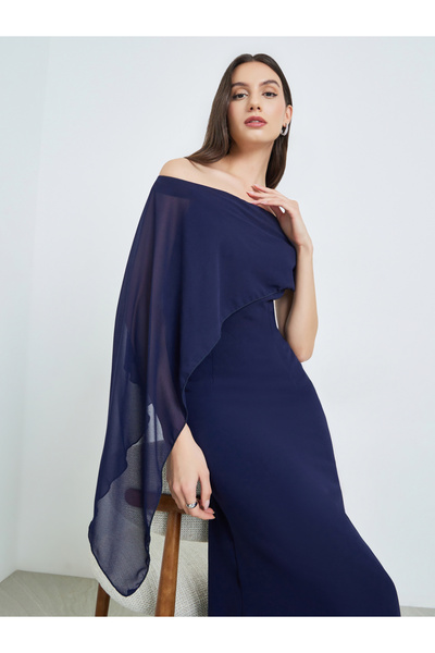 Take Two By Styli Navy Blue Draped Cape Sleeve Maxi Dress