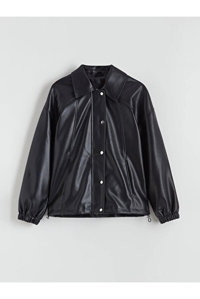 LC Waikiki Μαύρο πουκάμισο με γιακά Oversize Γυναικείο δερμάτινο μπουφάν