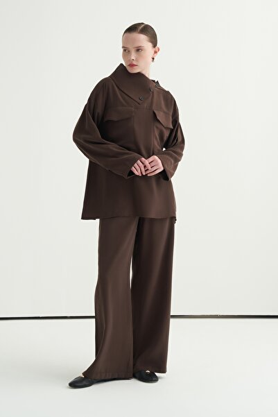 EBU Prive Γυναικεία μπλούζα με κουμπιά σε καφέ χρώμα