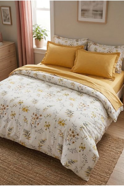 NESCO Sarı Çiçek Hardal Pamuk King Size 220x240 Nevresim Takımı | 180x200x30 Lastikli Çarşaf + 4 Yastık