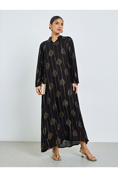 Amirah By Styli Black Foil Print Lurex Jalabiya