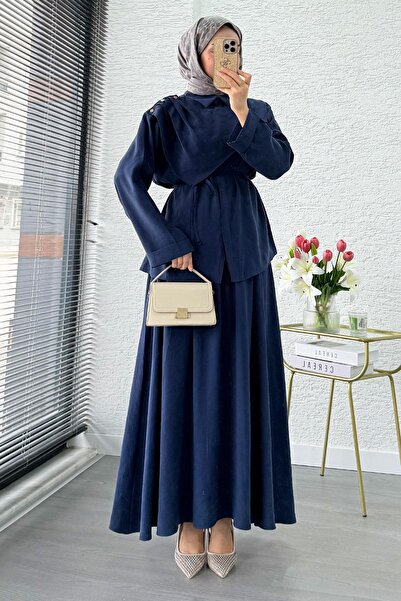 MELEK ARAZ Premium Shoulder Gold Buttoned Skirt Suit - Navy Blue