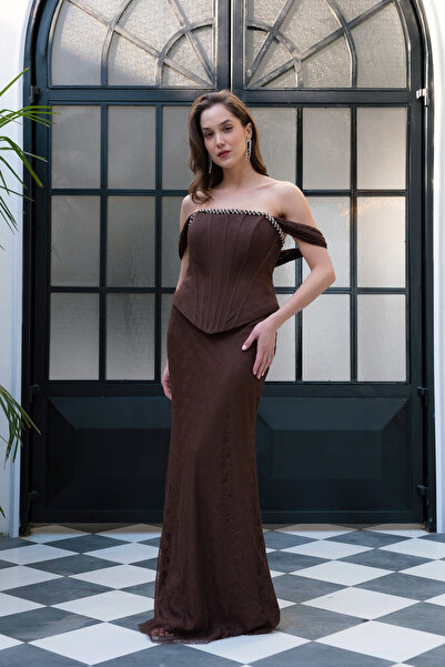 Lafaba Women's Brown Boat Neck Stoned Long Lace Evening Dress