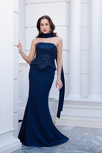 Lafaba Women's Navy Blue Slim Fit Strapless Stone Long Mermaid Evening Dress