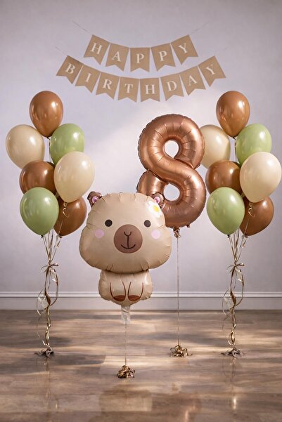Patladı Gitti Capybara Themed 8Th Birthday Balloon Decoration Set – Caramel N...