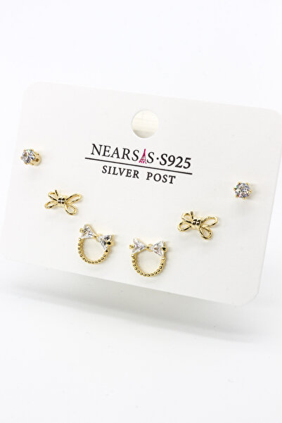 Nearsis Zirkon Taşlı Altılı Set Fiyonklu Kedi Küpe